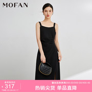 mofan摩凡优雅黑色吊带裙，中长款春秋款，甜美腰部抽褶显瘦连衣裙