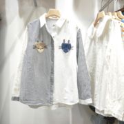 毛线口袋拼接韩版宽松刺绣叠穿竖条纹白衬衣设计感小众长袖衬衫女
