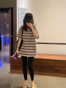 休闲套装中长款宽松条纹短袖t恤百搭设计感上衣打底鲨鱼裤两件套