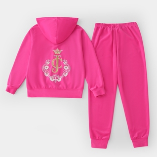 2024春秋女大童女孩，时尚玫粉色天鹅绒套装，时髦运动服两件套