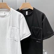 白色明线贴布口袋短袖t恤男2023夏季潮流微宽松休闲圆领半袖体恤