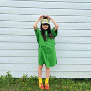 春夏女童连衣裙日系刺绣大口袋衬衫款绿色显白亲子款复古长裙