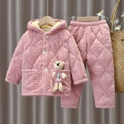 可爱熊冬季(熊冬季)加厚儿童睡衣保暖法兰绒珊瑚，男女童宝宝夹棉家居服套装