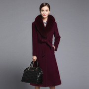 酒红色真狐狸毛领羊绒，大衣女西装领中长款修身显瘦羊毛呢外套