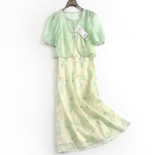 绿色印花裙收腰，修身新中式两件套装裙短袖气质，优雅女裙连衣裙a137