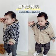 1岁宝宝冬天外套棉衣男加厚婴儿，连帽上衣婴童两面穿格子韩版棉服