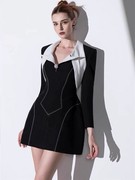 越南小众设计师赫本风黑白撞色长袖连衣裙收腰显瘦打底短裙春秋女