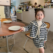 女童套装2023秋季儿童小香风外套裙女宝宝韩版格子短裙两件套