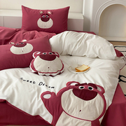 卡通迪士尼草莓熊刺绣四件套纯棉被套床单床笠全棉水洗棉床上用品