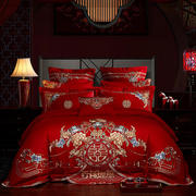 大红色纯棉贡缎提花婚庆可结婚床上用品刺绣床单式四件套多件套