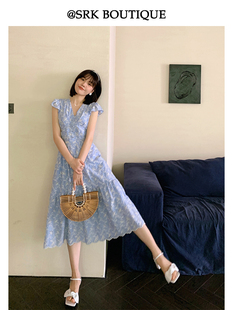 srk法式蓝色桔梗绣花裙气质，优雅小众收腰显瘦中长款裙女夏季