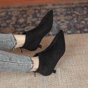 黑色尖头短靴女2023秋季冬高跟鞋细跟低跟3cm绒面工作鞋单靴
