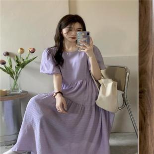 紫色泡泡袖连衣裙女装2024夏季韩版初恋复古高腰宽松短袖褶皱长裙