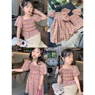 韩国2023夏装女童纯棉纱小清晰打褶格子衬衫t恤上衣大童连衣裙子
