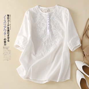品牌外贸原单复古日系刺绣棉麻，衬衣宽松圆领，短袖t恤女夏