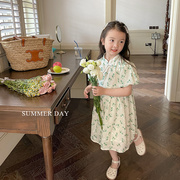 艾摩贝贝儿童中国风提花盘扣旗袍夏季女童短袖气质连衣裙