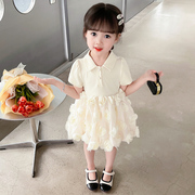 女童夏款蓬蓬裙甜美儿童韩版纯色花朵连衣裙儿童夏装洋气裙子时髦
