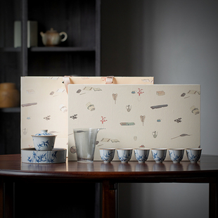 复古青纯手绘竹茶记茶具，套装家用现代简约陶瓷盖碗茶杯泡茶礼盒装