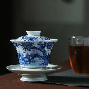 仿古青花婴戏图盖碗景德镇纯手工陶瓷茶具，复古手绘高档泡茶器