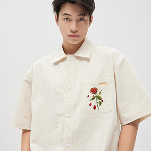 zoomlens原创韩版手绘刺绣玫瑰花朵，肌理感短袖，宽松男女同款衬衫