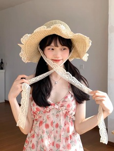 手工编制夏季蕾丝系带镂空草帽，女海边度假遮阳防晒帽太阳沙滩帽