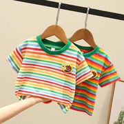 100%纯棉夏季男女童彩虹，条纹短袖t恤中小儿童宝宝上衣