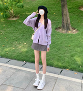 温柔风紫色毛衣开衫，2023春装慵懒风拼色娃娃领软糯小个子