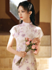 紫色卡兰绒印花筒子领旗袍2024春夏女装新中式年轻款少女连衣裙