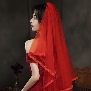 红色头纱新娘主婚纱结婚蕾丝长款复古拍照道具短款秀禾服盖头头饰