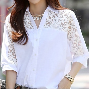 七分袖白衬衫女短袖，韩版宽松大码雪纺，衫蕾丝拼接中长款镂空上衣