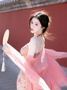 新中式晨袍女新娘女装国风，改良汉服旗袍粉色，开衫挂脖连衣裙两件套