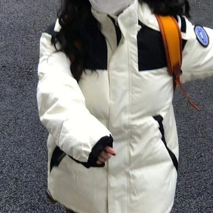 白色连帽棉服女学院风冬装韩版拼色工装休闲保暖加厚棉衣外套