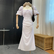 连衣裙短袖蕾丝边方领长裙法式甜美清新夏季显瘦纯色  G#14
