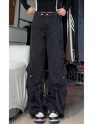 欧美式大码复古水洗黑工装口袋牛仔裤女街头设计感绑带坠感休闲裤
