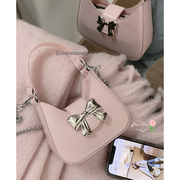 甜美粉色蝴蝶结手提包包女2023潮，韩国小众腋下包链条(包链条)斜挎包