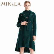 MIKLA米珂拉女装秋冬时尚墨绿色绣花不规则气质显瘦呢大衣