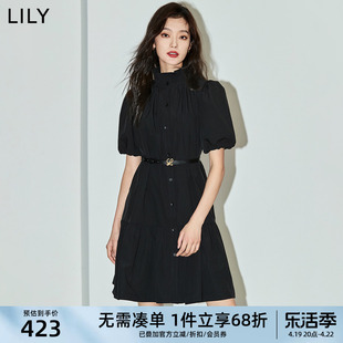 lily2024春女装复古通勤时尚，都市优雅宽松荷叶边小黑裙连衣裙