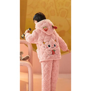 儿童睡衣女童冬季三层夹棉加绒加厚珊瑚绒，可爱女孩大童套装家居服