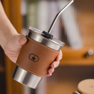 咖啡随行杯带盖防烫保温304不锈钢户外创意带吸管家用便携水杯