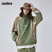 GUUKA军绿色高领套头拉链风衣男 伯远同款衣服 不规则拼接外套潮