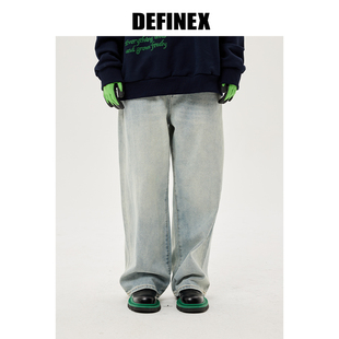 definex潮牌23冬美式高街宽松牛仔裤，男蓝色水洗做旧复古直筒长裤