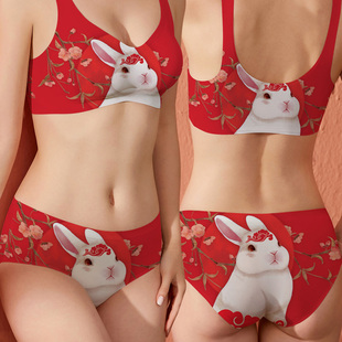 兔年本命年内裤内衣女，套装性感大红内裤，文胸套装属兔印花胸罩