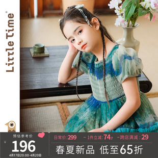 littletime女童绿色中国风网，纱蓬蓬连衣裙，2024夏季短袖公主裙
