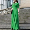 欧洲站时尚高级感绿色大摆长裙2023秋圆领短袖气质女神连衣裙