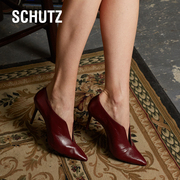 Schutz秋季明星同款真皮高跟短靴女细跟踝靴V口牛皮尖头裸靴