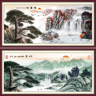 现代新中式墙布山水风景壁画，中堂客厅沙发办公室，背景装饰画迎客松