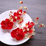 中式红色头花玫瑰花朵，发梳发夹头饰，新娘结婚礼服旗袍跟妆配饰