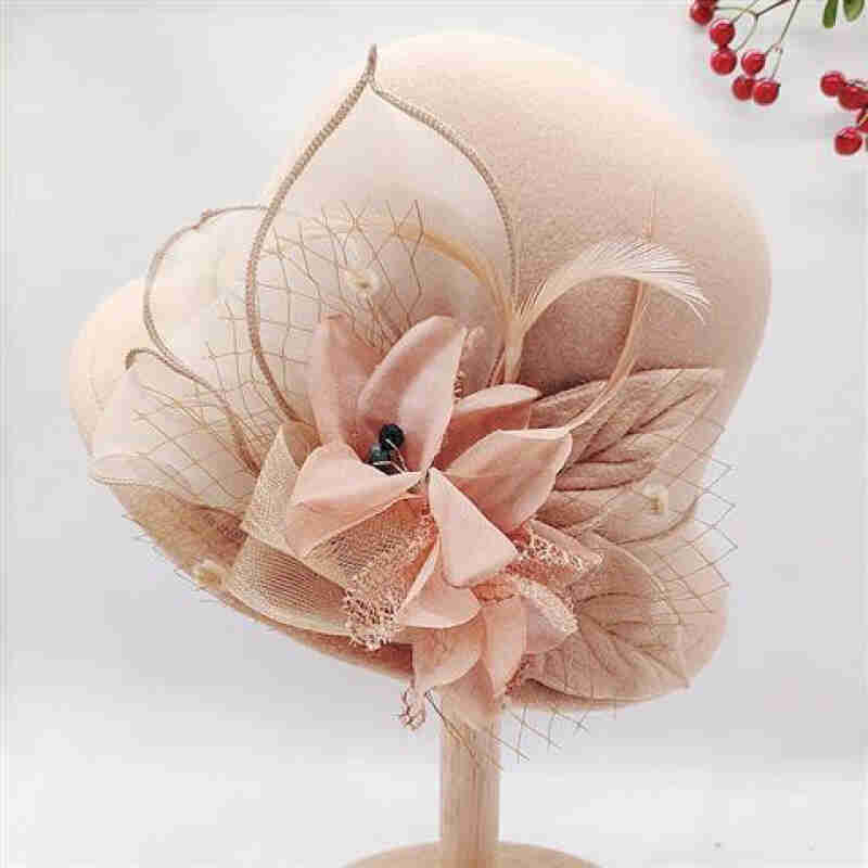 贝蕾帽女冬季帽子女秋冬圆顶小礼帽韩版时尚优雅复古毛呢帽花朵.