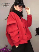 香港秋冬红色加绒加厚厚棉T短外套女欧货时尚休闲流行上衣开