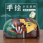 手绘民族风创意抽纸盒新中式艺术陶瓷家用餐厅装饰品现代纸巾盒